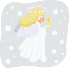 Beautiful Angel with a candle on light background with falling snow vector flat illustration.Christmas card, poster. New year style, holidays vibes. Blond hair Girl with wings, halo and lighted fire