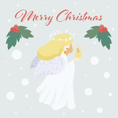 Vector Card lettering Merry Christmas with Holly and beautiful Angel with a candle. Christmas card, poster. New year style, holidays vibes, christmas mood. Girl with wings, halo and lighted fire