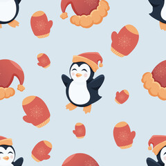 Cute seamless pattern funny Penguin in a red hat, cozy knitted Santa hat with snowflake, winter knitted mittens with snowflakes on light background vector flat illustration. New year style, Christmas