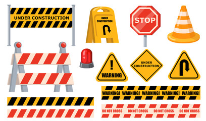 Road barriers set. Warning and stop signs, under construction boards, yellow tape and cone. Flat vector illustrations for roadblock, roadwork, traffic barricade concept. - obrazy, fototapety, plakaty