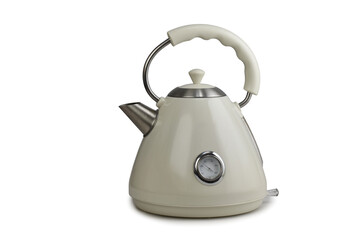 Electric kettle in retro style isolated on white background. White kettle water boiler,  teapot for kitchen with temperature indicator