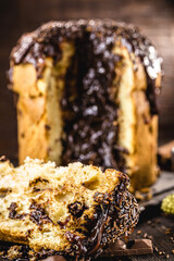 homemade chocolate panettone slice, punctual focus, typical Christmas dessert in several countries in the world like Brazil and Italy