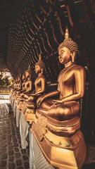 Golden Buddha statues in a Buddhist temple.