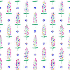 Lupin and Primula watercolor seamless pattern. Floral background