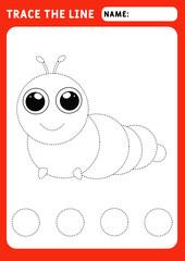 Obraz premium little Caterpillar. Preschool worksheet for practicing fine motor skills - tracing dashed lines. Tracing Worksheet. Illustration and vector outline - A4 paper ready to print.
