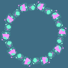 Cute round frame of cheerful smiling floating fish, bubbles and starfishes. Cartoon magical underwater world on a dark background in the Scandinavian style. Copy space. Children's design. Vector.