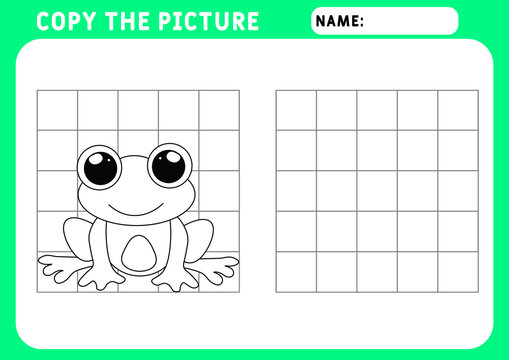 Coloring Frog. Educational Game for Kids. Copy the picture.  Illustration and vector outline - A4 paper ready to print.