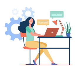 Cheerful employee working at laptop in office, chatting online with speech bubbles. Vector illustration for communication, happy worker, career success concept.
