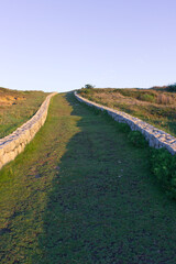Fototapeta premium Camino de hierba bordeado por muretes de piedra que se aleja hacia un cielo despejado. Iluminación lateral.