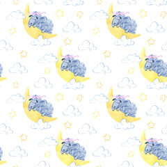 Obraz premium Watercolor seamless pattern with sheep sleeping on the moon, stars and clouds. Good night cute illustration on white background