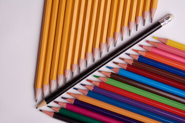 colored pencils and gray pencils on a white background