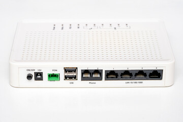 View back of white internet router, connectors