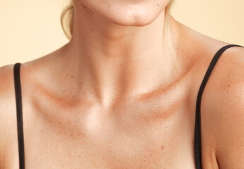 Fototapeta na wymiar white women's collarbone and shoulders skin care banner