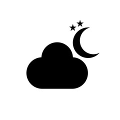 Cloudy night icon. Moon with clouds weather symbol in simple flat design. Black Weather forecast sign.