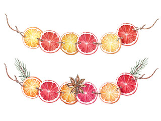 Christmas garland of dried orange.  Hand-drawn watercolor Christmas decoration 
