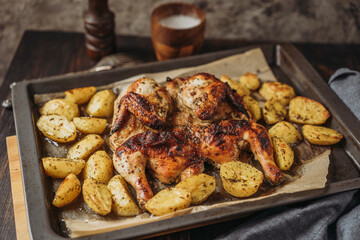 Grilled or roasted Chicken Tobacco on paper over baking sheet . Homemade freshly baked whole juicy chicken with potatoes, herbs, pepper. Selective focus, close up view. Organic country food.
