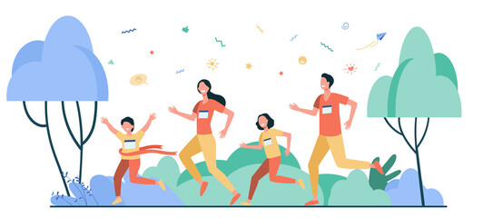 Dad, mom and kids running together in park isolated flat vector illustration. Happy cartoon man, woman and children jogging marathon. Family and healthy lifestyle concept
