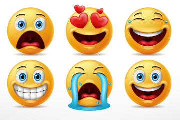 Smiling faces emoticon character set, Facial expressions of cute yellow faces in shocked, in love, laugh, crying and happy expression. 3D realistic vector illustration