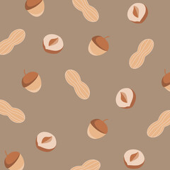 Seamless pattern with assorted nuts: walnuts, almonds, hazelnuts. Whole and shelled nuts mix.
