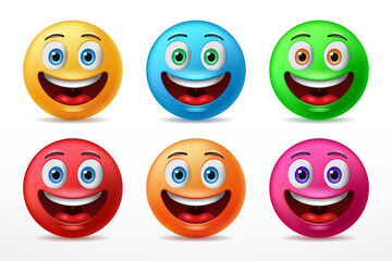Smiling faces emoticon characters with six predefined color happy facial expressions. 3D realistic vector illustration
