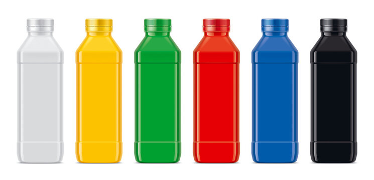 Set of Colored non-transparent Plastic Bottles. 