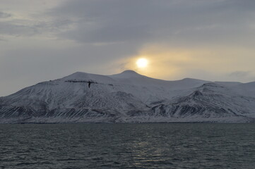 Winter sunset in the ice fjords of the Norwegian Archipelago of Svalbard (Spitsbergen), Norway