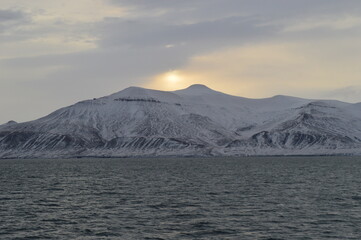Winter sunset in the ice fjords of the Norwegian Archipelago of Svalbard (Spitsbergen), Norway