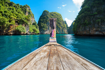 View of thai traditional longtail Boat over clear sea and sky in the sunny day, Phi phi Islands,...