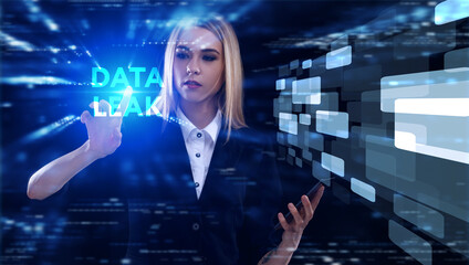 Business, Technology, Internet and network concept. Young businessman working on a virtual screen of the future and sees the inscription: Data leak