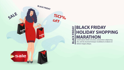 Banner for the design of web pages and mobile apps Black Friday sale and discounts girl holding shopping bags flat vector illustration