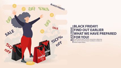 Banner for the design of web pages and mobile applications Black Friday sale and discounts a girl with her hands raised stands among bags flat vector illustration