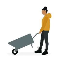 Female character rolls an empty wheelbarrow