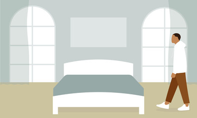 Male character in a room with a bed and large windows