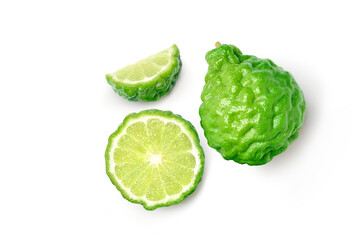 Flat lay (top view) of Bergamot fruit with cut in half and sliced isolated on white background. - obrazy, fototapety, plakaty