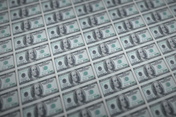 100 US dollars bills printed in illegal money production conveyor. Collage of many fake bills....