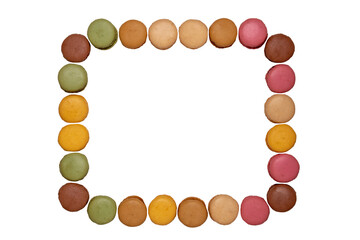 Close-up of colorful French macaroons arranged as a rectangle isolated on a white background. Pastries, desserts and sweets.