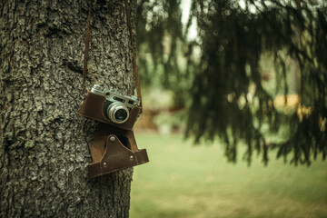 An old metal film camera in a leather case, hanging on a tree in the garden.