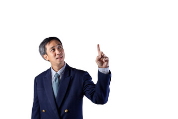 Asian business man wearing a suit think and point finger up with a little smile isolated on white background with copy space and clipping path