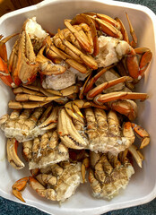 Cooked crab halves ready to eat or freeze
