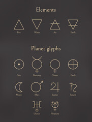 Set of elements signs and planet glyphs. Collection of air, fire, earth, water icons and planets symbols in outline style isolated on black background. Vector design elements for logotype or print