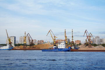 Shipbuilding plant. Crane operation at the shipbuilding