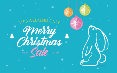 banner Christmas sale on blue background. White rabbit and Christmas toys. Holiday concept. Vector illustration