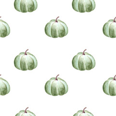 Seamless pattern with pumkins on white background. Watercolor illustration.