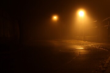 Foggy night street with public lighting 01
