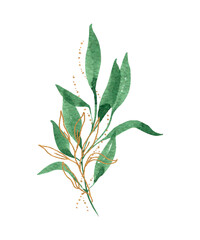 Fototapeta premium Watercolor composition of green leaves and gold elements isolated on a white background. For logos, wedding decor, greeting cards, icons, and Wallpapers