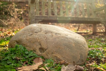 A Smooth Rock in Front of an old wooden Park Bench