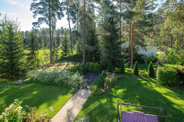 Beautiful green garden with huge trees. Sunny summer day. View from above. - obrazy, fototapety, plakaty