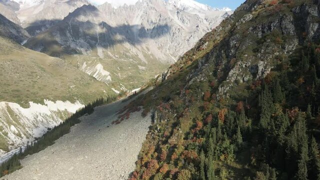 Forest and rocks in the mountains. Tien Shan mountains. Middle Asia. Ala-Archa National Park. Aerial travel video 4K.