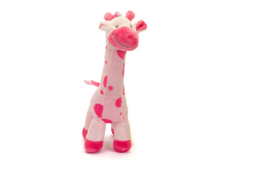 Tender stuffed giraffe sitting on a white background