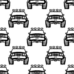 Black off-road SUVs isolated on white background. Automotive monochrome seamless pattern. Front view. Vector flat graphic hand drawn illustration. Texture. © far700